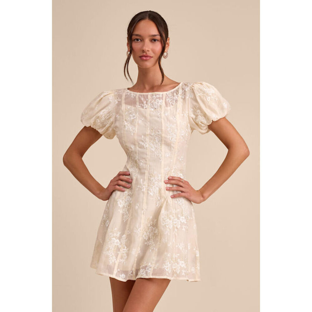 Lulus Elfrieda Cream Embroidered Puff Sleeve Mini Dress White - Size L NWT